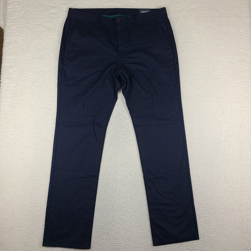 BONOBOS Pants Mens 38x34 Blue Navy Slim Solid Plaid Lined Chino Khakis *